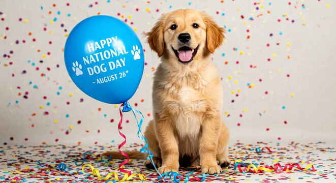 Celebrate national dog day with golden retriever puppy and balloon - Powered by Adobe