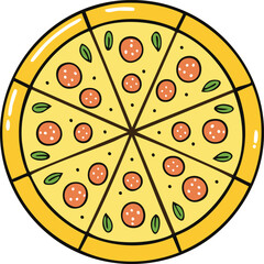 A cartoon illustration of a pepperoni pizza, sliced and ready to eat.