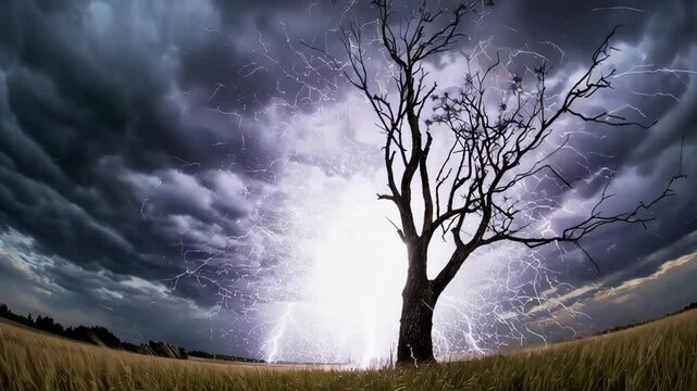 Dramatic lightning storm illuminating gnarled tree in open field