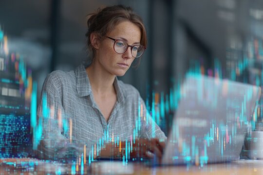 Woman works on laptop with superimposed financial data charts and graphs.