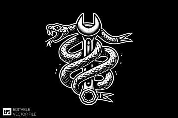 wrench tied by snake  illustration dark art scary creepy style tattoo vector black and white background templates