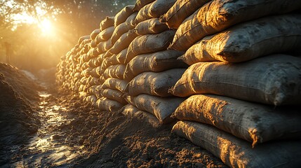 Stacked sandbags forming a protective barrier during a golden hour with beautiful sunlight photo