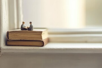 Two miniature figures sit atop a stack of old books, engaged in reading or discussion.
