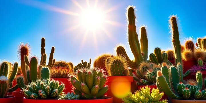 Sun-drenched potted cacti and succulents, vibrant colors, stock photo, photography