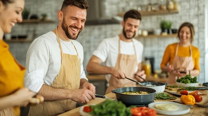Friends laughing during a cooking class, fun learning, culinary experience