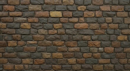 Fototapeta premium A textured wall constructed from various shades of brown grey and orange irregular rectangular stones with visible mortar