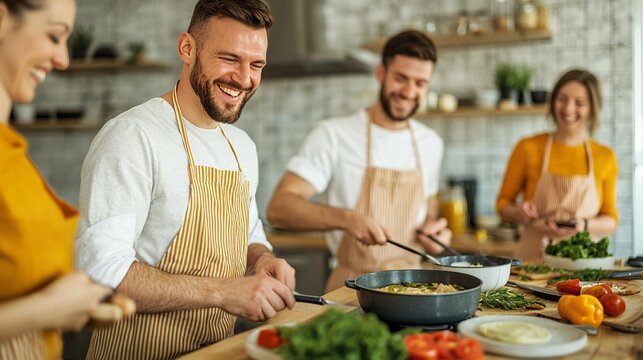 Friends laughing during a cooking class, fun learning, culinary experience - Powered by Adobe