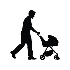 Silhouette of a father pushing a stroller with a baby in it