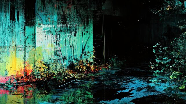 Vibrant, colorful depiction of an abstract, overgrown interior space.