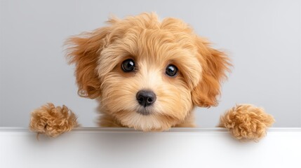 Adorable dog peeking over white wall, a curious canine explores the world beyond