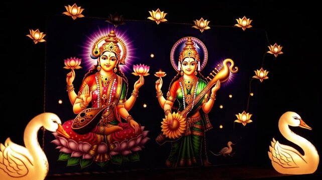 Saraswati and lakshmi, hindu goddesses of knowledge, wealth, music and prosperity, sitting on lotus flowers