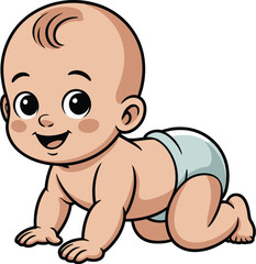 Illustration of a cartoon baby crawling with a diaper on a white background in a simple style