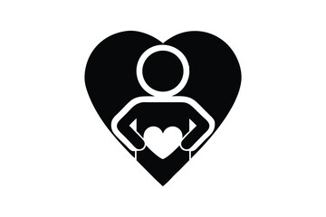 Compassionate Care: Minimalist Black and White Icon of a Person Embracing a Heart, Symbolizing Empathy, Support, and Loving Kindness, Perfect for Healthcare, Charity, and Wellness Branding.