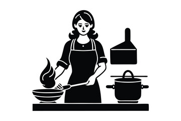 a woman cooking food in a kitchen vector art illustration