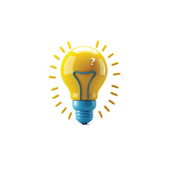 Bright yellow light bulb with blue base and a question mark inside symbolizing a new idea or query