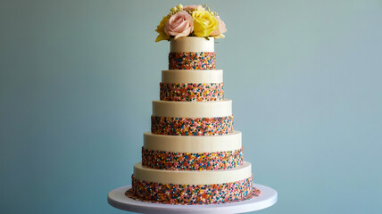 A tall five-tier wedding cake with white fondant icing and colorful sprinkles