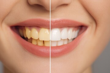 Before and after teeth whitening comparison on a woman's smile.