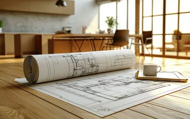 Architectural blueprint rolled out on wooden table with coffee cup and tablet. Design and construction concept. Modern interior.