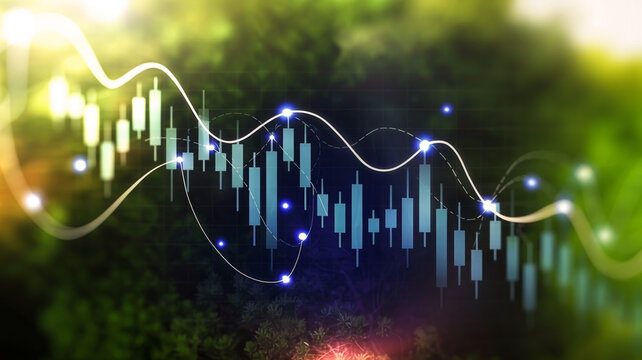 A dark blue and black financial chart shows glowing candlesticks, smooth line graphs, and blue nodes on a futuristic three-dimensional navy background
