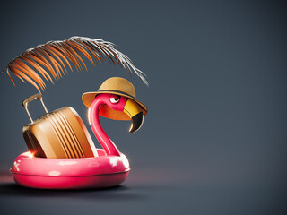Pink flamingo with travel luggage and palm tree on blue background with copy space. Summer travel concept design. 3D Rendering, 3D Illustration	