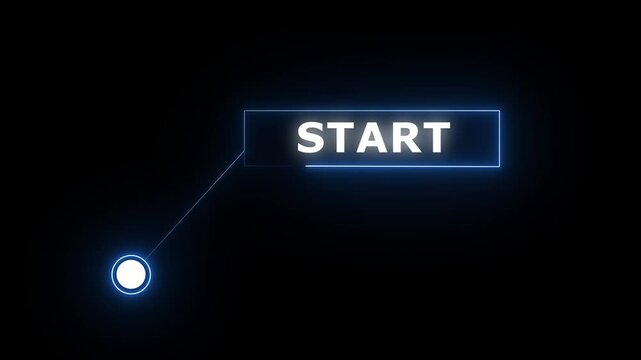 Neon line animation of HUD elements with text start. Animate a white callous for text. HUD elements on black background.