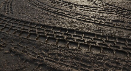 Closeup angled view of dark wet mud with deeply embossed tire tracks some filled with water