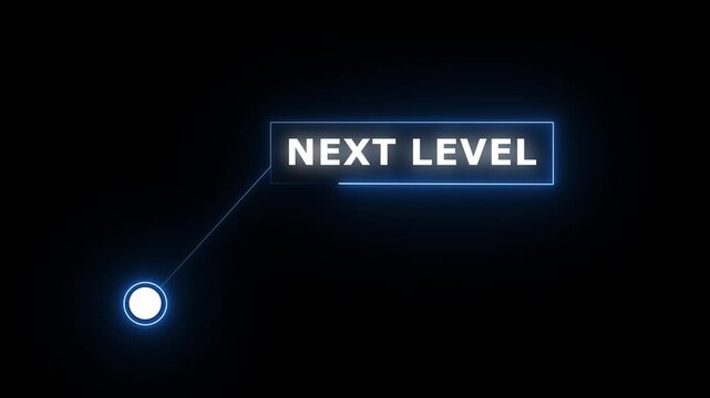 Neon line animation of HUD elements with text next level. Animate a white callous for text. HUD elements on black background.