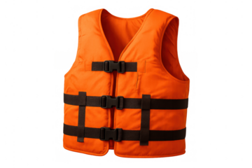 Studio shot of a bright orange life vest with black straps, isolated on transparent background, ensuring safety on water