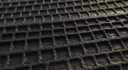 Closeup of a dark textured surface featuring a repetitive grid pattern of raised squares