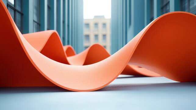 Abstract architectural scene. Orange wavy forms in a city alleyway
