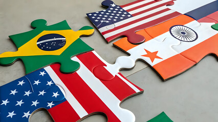 Obraz premium Global partnership puzzle with flags of different countries ; usa flag, united states, china flag, brazil flag, european union flag, spain flag - international cooperation and diplomacy concept