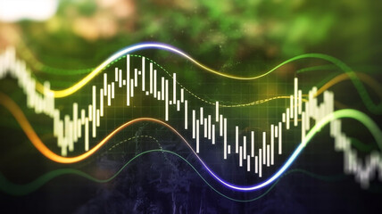 A dark blue financial chart shows dense white candlesticks and glowing blue moving averages with a futuristic, professional, and sophisticated appearance