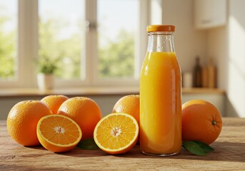 Natural Orange Beverage Bottle Mockup in Bright Home Setting