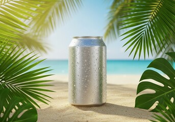 Blank Silver Soda Can Mockup on Sunny Tropical Beach