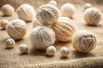 Several balls of creamcolored yarn sit on a burlap background