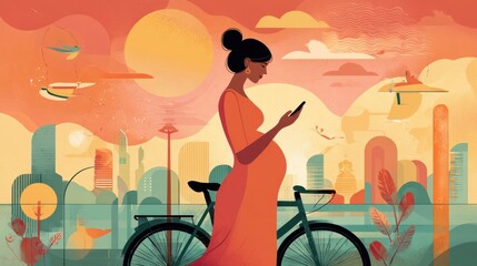 Surrounded by the energetic buzz of city life a pregnant person looks at their device displaying personalized prenatal care tips highlighting the importance of culturally sensitive