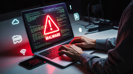 A dark cybersecurity-themed image with a laptop computer displaying a glowing red warning symbol.