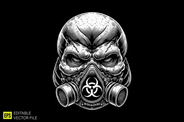 skull with gas mask illustration dark art scary creepy style tattoo vector black and white background templates
