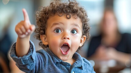 Astonished toddler pointing with excitement.
