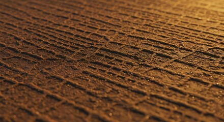 Obraz premium Closeup of a textured brown surface with parallel ridges forming a grid pattern illuminated by warm light with shiny specks