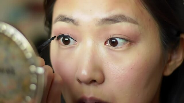 Woman applies eyeliner, mirror, home