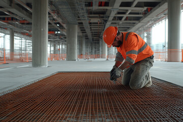 Construction worker welding metal on site amidst busy activity