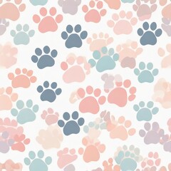 A white surface is covered in a repeated pattern of paw prints in shades of blue pink and purple