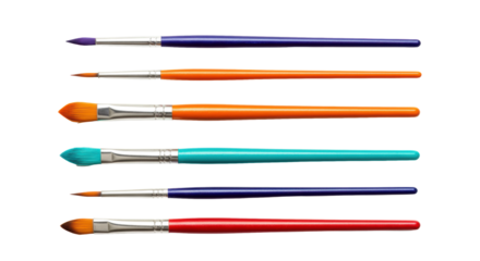 Four vibrant, new paintbrushes with purple, orange, teal, red handles, silver ferrules & varied tips, horizontally on transparent background with copy space, top-down studio photo, ultra-realistic