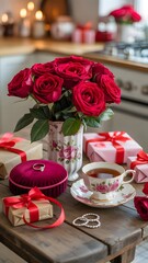 A vase of pink roses and teacups on a table