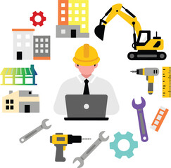 
Engineer Working Amidst Construction and Tool Icons