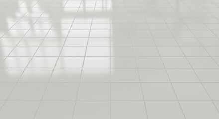 Closeup of a white glossy tiled floor with a grid pattern and subtle window reflections