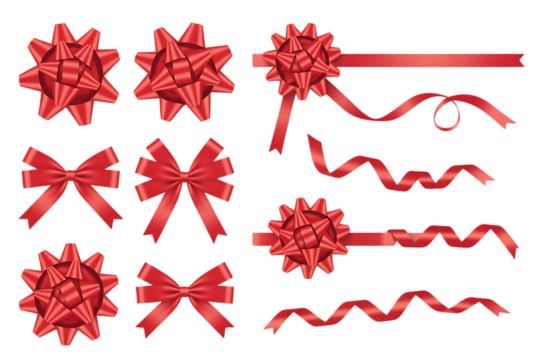 Collection of realistic red gift bows and ribbons isolated on transparent background