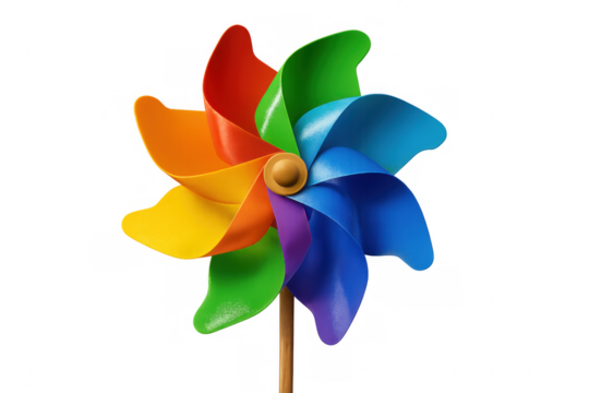Colorful pinwheel spinning against transparent background, representing childhood, fun, and carefree summer days