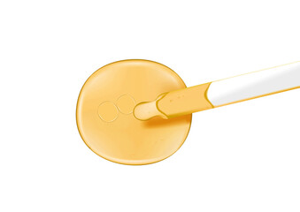 Facial serum pouring from glass pipette on transparent background. Gold liquid gel drop with...